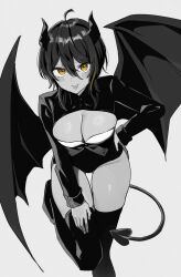 Rule 34 | 1girl, :p, agamemega, ahoge, black hair, breasts, buttons, cleavage, demon horns, demon tail, demon wings, hair between eyes, highres, horns, leg up, long sleeves, looking at viewer, multicolored hair, original, short hair, solo, streaked hair, tail, thick thighs, thigh gap, thighs, tongue, tongue out, wings, yellow eyes