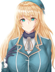 Rule 34 | 10s, 1girl, atago (kancolle), beret, black gloves, blonde hair, blue hat, blush, breasts, gloves, green eyes, hat, highres, kantai collection, kuuki (rakam), large breasts, long hair, looking at viewer, military, military uniform, smile, solo, uniform, upper body