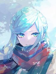 Rule 34 | 1boy, androgynous, blue eyes, blue hair, creatures (company), eyelashes, game freak, grusha (pokemon), highres, light blue hair, long hair, looking at viewer, male focus, nintendo, pokemon, pokemon sv, scarf, snk rnk, solo, striped clothes, striped scarf, trap, two-tone scarf