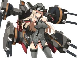 Rule 34 | 10s, 1girl, bismarck (kancolle), blonde hair, cannon, gloves, green eyes, grey thighhighs, hat, kantai collection, mx2j, solo, thighhighs, white background