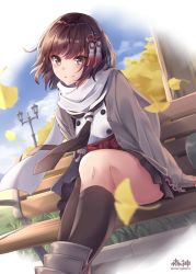 Rule 34 | 1girl, artist name, bench, black neckerchief, black skirt, black socks, brown eyes, brown hair, buttons, closed mouth, grey jacket, highres, jacket, kantai collection, kneehighs, long sleeves, looking at viewer, morigami (morigami no yashiro), neckerchief, pleated skirt, school uniform, sendai (kancolle), sendai kai ni (kancolle), serafuku, short hair, signature, single kneehigh, single sock, single thighhigh, sitting, skirt, smile, socks, solo, thighhighs, twitter username, two side up