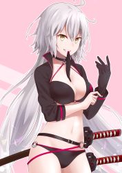 Rule 34 | 1girl, absurdres, ahoge, bikini, black bikini, black gloves, breasts, cleavage, cowboy shot, fate/grand order, fate (series), glove in mouth, gloves, grin, hair between eyes, highres, jeanne d&#039;arc alter (swimsuit berserker) (fate), jeanne d&#039;arc (fate), jeanne d&#039;arc alter (fate), jeanne d&#039;arc alter (swimsuit berserker) (fate), long hair, medium breasts, mouth hold, navel, o-ring, o-ring bikini, pink background, ponytail, sheath, sheathed, silver hair, smile, so ra 01 02, solo, standing, swimsuit, sword, very long hair, weapon, yellow eyes