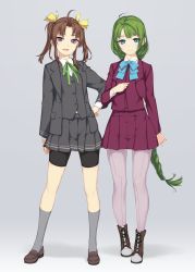 Rule 34 | 10s, 2girls, adapted costume, adapted uniform, ahoge, alternate costume, bike shorts, blazer, blue eyes, boots, braid, breasts, brown hair, collared shirt, cross-laced footwear, front-seamed legwear, full body, green hair, grey background, grey legwear, hair ribbon, hand on own hip, highres, jacket, kagerou (kancolle), kantai collection, lace-up boots, legs apart, loafers, long hair, looking at viewer, mole, mole under mouth, multiple girls, neck ribbon, open clothes, open jacket, open mouth, pantyhose, parted lips, pleated skirt, purple eyes, ribbon, rokuwata tomoe, school uniform, seamed legwear, shirt, shoes, short hair, shorts, shorts under skirt, single braid, skirt, small breasts, smile, socks, standing, twintails, very long hair, waistcoat, wide stance, yuugumo (kancolle)