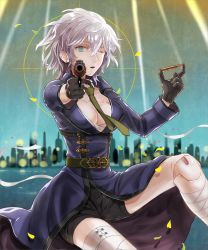 Rule 34 | 1girl, android, breasts, bullet, cleavage, crosshair, gloves, gun, joints, kuroi nyan, long hair, original, robot joints, shorts, silver hair, solo, weapon