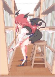 Rule 34 | 1girl, absurdres, bad id, bad pixiv id, bat wings, black skirt, black vest, blush, book, book stack, bookshelf, demon tail, feet, full body, head wings, high heels, highres, koakuma, library, long hair, looking down, non-web source, non (z-art), red eyes, red hair, shirt, skirt, solo, stool, tail, touhou, vest, voile, white shirt, wings