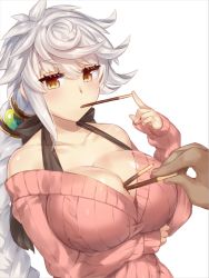 Rule 34 | 10s, 1girl, aran sweater, bad id, bad tumblr id, bare shoulders, between breasts, blush, braid, breast hold, breasts, cable knit, cleavage, collarbone, food, food in mouth, hair ornament, jitome, kantai collection, large breasts, long hair, melting, mouth hold, off-shoulder, off-shoulder sweater, off shoulder, out of frame, pocky, pocky day, pokoten (pokoten718), pov, pov hands, ribbed sweater, silver hair, simple background, single braid, sleeves past wrists, solo focus, sweater, unryuu (kancolle), white background, yellow eyes