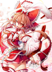 Rule 34 | 1girl, armpits, bare shoulders, bow, brown eyes, brown hair, detached sleeves, female focus, frills, hair bow, hakurei reimu, japanese clothes, long hair, midriff, miko, mouth hold, ofuda, ribbon, rope, senzi, sleeve, smile, solo, thighhighs, touhou, white thighhighs, yin yang
