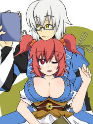 Rule 34 | 1boy, 1girl, blush, book, breasts, cleavage, glasses, hair bobbles, hair ornament, hetero, large breasts, morichika rinnosuke, one eye closed, onozuka komachi, red eyes, red hair, sag (karehabase), short hair, short twintails, smile, touhou, twintails, two side up, white hair, wink, yellow eyes