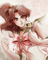 Rule 34 | 1girl, beads, bishoujo senshi sailor moon, brittany fuerst, brooch, brown hair, choker, clenched hands, dutch angle, earrings, elbow gloves, flower earrings, gloves, green eyes, hair beads, hair ornament, jewelry, kino makoto, ponytail, ribbon, sailor collar, sailor jupiter, solo, upper body, white gloves
