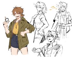 Rule 34 | 1girl, adjusting clothes, antenna hair, arm at side, belt, black shorts, blouse, blush, breast pocket, brown belt, brown coat, brown eyes, brown hair, buttons, coat, collared jacket, collared shirt, commentary, cyrellinate, english commentary, english text, flustered, flying sweatdrops, genderswap, genderswap (mtf), green shirt, hair between eyes, hair flaps, hair over one eye, hand on own hip, hand up, highres, holding, holding magnifying glass, hood, hooded coat, index finger raised, jacket, jewelry, key, key necklace, lapels, looking at viewer, low ponytail, luke pearce (tears of themis), magnifying glass, medium hair, messy hair, multiple views, necklace, notice lines, open clothes, open coat, open jacket, open mouth, pants, pocket, popped collar, shirt, short ponytail, short sleeves, shorts, sidelocks, simple background, single hair intake, sketch, sleeves past wrists, sleeves rolled up, smile, star-shaped pupils, star (symbol), swept bangs, symbol-shaped pupils, tears of themis, teeth, white background
