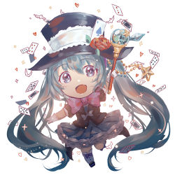 Rule 34 | 1girl, :d, alternate costume, aqua hair, bird, black suit, blue eyes, blue skirt, bow, bowtie, card, chibi, formal, frilled skirt, frills, hat, hatsune miku, holding, holding wand, lengchan (fu626878068), long hair, open mouth, pigeon, pink bow, simple background, skirt, smile, solo, suit, top hat, twintails, very long hair, vocaloid, wand, white background, white bow