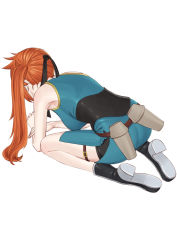 Rule 34 | all fours, ass, bike shorts, black footwear, boku no hero academia, breasts, commentary request, easy (aqk7bdqt), full body, kendou itsuka, large breasts, long hair, orange hair, side ponytail, simple background, solo, white background