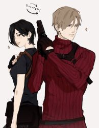 Rule 34 | 1boy, 1girl, ada wong, adapted costume, belt, black hair, blonde hair, blue eyes, brown eyes, commentary, cosplay, costume switch, fingerless gloves, garter straps, gloves, grey shirt, gun, hair between eyes, highres, holding, holding gun, holding weapon, leon s. kennedy, looking at viewer, looking to the side, male focus, monmeon, red sweater, resident evil, resident evil 4, resident evil 4 (remake), serious, shirt, short hair, smile, sparkle, sweater, symbol-only commentary, weapon, white background
