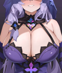 Rule 34 | 1girl, absurdres, band (skymole01), black background, black swan (honkai: star rail), blue veil, breasts, cleavage, commentary, dress, head out of frame, highres, honkai: star rail, honkai (series), huge breasts, long hair, purple dress, purple hair, simple background, smile, solo, veil