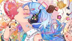 Rule 34 | ai kotoba iv (vocaloid), angel and devil, aqua necktie, balloon, bandaid, bandaid on cheek, bandaid on face, bandaid on neck, blue hair, blue nails, closed eyes, clover, cookie, diamond (shape), facial mark, flower, food, fork, from side, gradient hair, hair between eyes, hair ornament, hassan (sink916), hatsune miku, hatsune miku (vocaloid4), heart, heart balloon, heart hair ornament, highres, jewelry, multicolored hair, multicolored nails, multiple rings, nail polish, necktie, ojama mushi ii (vocaloid), open mouth, orange flower, orange rose, pink bandaid, pink flower, pink rose, portrait, profile, purple flower, purple hair, purple nails, purple rose, ring, rose, sleeveless, star-shaped cookie, star-shaped food, star (symbol), vocaloid