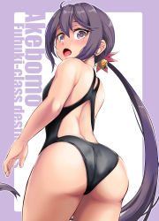 Rule 34 | 1girl, absurdres, akebono (kancolle), ass, ass focus, bare back, bare shoulders, bell, black one-piece swimsuit, character name, commentary request, competition swimsuit, cowboy shot, flower, from behind, hair bell, hair flower, hair ornament, highres, jingle bell, kantai collection, long hair, looking at viewer, looking back, one-piece swimsuit, open mouth, purple eyes, purple hair, side ponytail, solo, standing, swimsuit, two-tone swimsuit, very long hair, yellow quokka