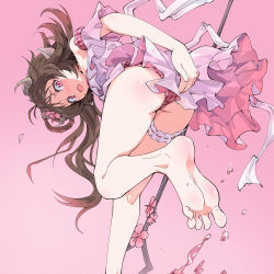 Rule 34 | 1girl, animal ears, arknights, ass, bare legs, barefoot, bikini, brown hair, chinese commentary, commentary request, covering privates, covering ass, eyjafjalla (arknights), eyjafjalla (summer flower) (arknights), feet, flower, from below, goat ears, goat horns, hair flower, hair ornament, hao guangze yu, highres, holding, holding staff, horns, leg ribbon, long hair, looking at viewer, looking back, off-shoulder bikini, off shoulder, official alternate costume, open mouth, panties, pink background, pink bikini, pink eyes, pink flower, pink panties, pink theme, plaid, plaid panties, ribbon, soles, solo, sparkle, splashing, staff, swimsuit, thigh ribbon, toes, underwear