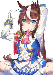 Rule 34 | 1girl, absurdres, animal ears, aqua eyes, arm behind head, ascot, asymmetrical gloves, belt, blush, boots, breasts, brown hair, cape, epaulettes, feet out of frame, glint, gloves, hand in own hair, hatsuga (dmaigmai), highres, horse ears, horse girl, horse tail, jacket, long hair, long sleeves, looking at viewer, miniskirt, mismatched gloves, mouth hold, multicolored hair, pink ascot, ponytail, purple gloves, simple background, single epaulette, sitting, skirt, small breasts, solo, streaked hair, tail, tokai teio (umamusume), umamusume, white background, white footwear, white gloves
