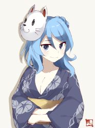 Rule 34 | 10s, 1girl, bad id, bad twitter id, blue hair, breasts, cleavage, double bun, fox mask, hair between eyes, japanese clothes, kantai collection, kimono, large breasts, long hair, mask, mask on head, purple eyes, shigino sohuzi, simple background, smile, solo, urakaze (kancolle)
