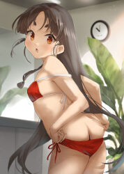 Rule 34 | 1girl, ass, bikini, black hair, breasts, brown eyes, butt crack, clock, counter, highres, kantai collection, long hair, looking at viewer, looking back, nisshin (kancolle), plant, red bikini, short eyebrows, side-tie bikini bottom, small breasts, solo, swimsuit, thick eyebrows, toka (marchlizard), undressing, very long hair