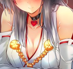 Rule 34 | 10s, 1girl, bad id, bad nicoseiga id, bare shoulders, black hair, blush, breasts, choker, cleavage, close-up, collarbone, detached sleeves, haruna (kancolle), head out of frame, heart, heart lock (kantai collection), heart necklace, jewelry, kantai collection, large breasts, long hair, necklace, nontraditional miko, out of frame, sketch, smile, solo, tsukui kachou