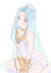 Rule 34 | 1girl, ahoge, aqua hair, bare shoulders, barefoot, between legs, blush, bracelet, breasts, choker, dress, gradient hair, granblue fantasy, green hair, hand between legs, jewelry, long hair, looking at viewer, lyria (granblue fantasy), multicolored hair, purple eyes, simple background, sitting, small breasts, solo, strapless, strapless dress, thigh strap, tomamatto, very long hair, white dress