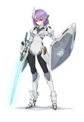 Rule 34 | 1girl, absurdres, armor, bodysuit, boots, covered navel, energy sword, eyebrows, full body, gauntlets, headgear, high heels, highres, kai (ootamuno12), knight, looking at viewer, original, pauldrons, purple hair, red eyes, science fiction, shield, short hair, shoulder armor, showgirl skirt, simple background, solo, standing, sword, thigh boots, thighhighs, turtleneck, weapon, white background