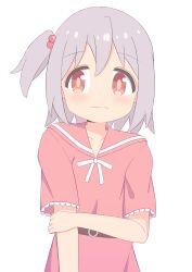 Rule 34 | 1boy, absurdres, bare arms, belt, brown eyes, commentary, crossdressing, dress, embarrassed, frown, grey hair, hair between eyes, hair bobbles, hair ornament, highres, light blush, male focus, one side up, onii-chan wa oshimai!, pink dress, sailor dress, senkawa minato, short hair, simple background, solo, trap, upper body, wavy mouth, white background, youmi jc