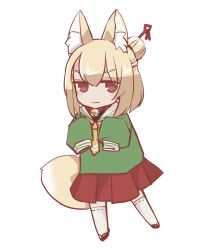 Rule 34 | 1girl, :3, animal ear fluff, animal ears, bell, blonde hair, blush, borrowed character, closed mouth, collar, commentary request, domaso (sowdma2), fox ears, fox girl, fox tail, full body, green shirt, hair between eyes, hair bun, hair ornament, highres, jingle bell, kemomimi-chan (naga u), long hair, long sleeves, looking at viewer, neck bell, original, pleated skirt, red eyes, red footwear, red skirt, ribbon-trimmed legwear, ribbon trim, sailor collar, sandals, school uniform, serafuku, shirt, sidelocks, simple background, single hair bun, skirt, sleeves past fingers, sleeves past wrists, solo, standing, tail, thighhighs, v-shaped eyebrows, white background, white sailor collar, white thighhighs, yellow neckwear, zouri