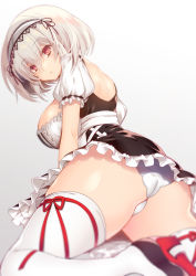 Rule 34 | 1girl, apron, ass, azur lane, black skirt, breasts, commentary request, frilled skirt, frills, from behind, hairband, large breasts, leg ribbon, looking at viewer, maid, maid apron, panties, puffy short sleeves, puffy sleeves, red eyes, ribbon, sakurame, shiny skin, short hair, short sleeves, simple background, sirius (azur lane), skindentation, skirt, solo, thigh ribbon, thighhighs, underwear, white hair, white panties