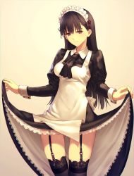 Rule 34 | apron, black dress, black eyes, black hair, black thighhighs, breasts, closed mouth, clothes lift, collared dress, cuff links, dress, dress lift, garter straps, gluteal fold, gradient background, hairband, highres, kawanakajima, lace-trimmed hairband, lace trim, lifting own clothes, long hair, long sleeves, looking at viewer, maid, maid headdress, medium breasts, simple background, smile, solo, thighhighs, white dress