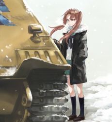 Rule 34 | 10s, 1girl, bad id, bad twitter id, black coat, black neckerchief, black ribbon, black socks, blouse, blurry, blurry foreground, brown eyes, brown footwear, brown hair, closed mouth, coat, commentary, day, depth of field, girls und panzer, green skirt, hair ribbon, hand in pocket, jagdpanzer 38(t), kadotani anzu, kneehighs, light smile, loafers, long hair, long sleeves, looking to the side, military, military vehicle, miniskirt, motor vehicle, neckerchief, ooarai school uniform, parted bangs, pleated skirt, ribbon, school uniform, serafuku, shirt, shoes, skirt, snow, socks, solo, standing, tank, twintails, white shirt, wind, yuuyu (777)