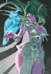 Rule 34 | 1girl, armor, armored dress, bird, bird on hand, blue gemstone, breasts, cleavage, closed mouth, colored skin, crescent, crescent facial mark, elf, facial mark, fingernails, floating hair, gem, green hair, highres, long eyebrows, long fingernails, long hair, medium breasts, ori dal, owl, pelvic curtain, pointy ears, ponytail, purple skin, solo, tyrande whisperwind, vambraces, warcraft, white eyes, world of warcraft