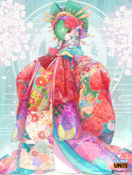 Rule 34 | 1girl, artist name, blue background, blush, bow-shaped hair, cherry blossoms, clothed pokemon, colored skin, copyright name, creatures (company), egasumi, female focus, floral print, flower, game freak, gardevoir, gen 3 pokemon, green hair, hair flower, hair ornament, hair over one eye, hair stick, happy, highres, japanese clothes, kimono, long sleeves, looking at viewer, multicolored clothes, multicolored kimono, nintendo, one eye covered, open mouth, petals, poke ball theme, pokemon, pokemon (creature), pokemon unite, red eyes, red flower, short hair, signature, smile, solo, standing, suahh, twitter username, white flower, white skin, wide sleeves