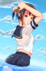 Rule 34 | 10s, 1girl, adjusting hair, bad id, bad pixiv id, bamirion, black hair, blue skirt, blue sky, breasts, brown eyes, cloud, cloudy sky, day, dripping, from side, fubuki (kancolle), highres, kantai collection, looking at viewer, looking to the side, medium breasts, midriff, mouth hold, no bra, pleated skirt, school uniform, see-through, serafuku, shirt, short hair, short sleeves, skirt, sky, solo, tying hair, upper body, wading, water, water drop, wet, wet clothes, wet shirt, white shirt