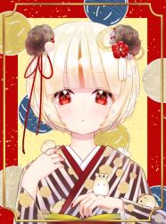 Rule 34 | 1girl, animal, animal on hand, bad id, bad pixiv id, black flower, blonde hair, blush, flower, hair flower, hair ornament, hair ribbon, hamster, hands up, highres, japanese clothes, kimono, kuma no yume, long sleeves, looking at viewer, nail polish, original, parted lips, red eyes, red nails, red ribbon, ribbon, short hair, solo, striped clothes, striped kimono, upper body, vertical-striped clothes, vertical-striped kimono, wide sleeves