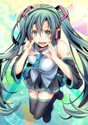 Rule 34 | 1girl, beamed quavers, boots, detached sleeves, green eyes, green hair, hatsune miku, headphones, long hair, matching hair/eyes, musical note, necktie, open mouth, quaver, shiomizu (swat), skirt, solo, staff (music), thigh boots, thighhighs, twintails, very long hair, vocaloid