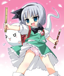 Rule 34 | 1girl, aged down, backpack, bag, blue eyes, bow, bowtie, female focus, flute, frilled panties, frills, ghost, hitodama, holding flute, holding instrument, instrument, konpaku youmu, konpaku youmu (ghost), panties, pantyshot, petenshi (dr. vermilion), randoseru, recorder, ruler, solo, touhou, underwear, white hair, white panties