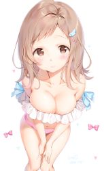 Rule 34 | 1girl, 3:, bare shoulders, blue bow, blue ribbon, blush, bow, breasts squeezed together, breasts, brown eyes, brown hair, cleavage, commentary request, from above, heart, highres, idolmaster, idolmaster shiny colors, kinako (shiratama mochi), leaning forward, long hair, looking at viewer, looking up, medium breasts, navel, pink bow, ribbon, sakuragi mano, simple background, solo, twitter username, white background, wing hair ornament