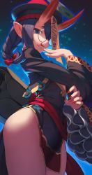 Rule 34 | 1girl, alternate costume, blue eyes, blue hair, bow, braid, character request, chinese clothes, commentary request, fate (series), finger to mouth, fingernails, hat, horns, long hair, nail polish, original, parted lips, pelvic curtain, pointy ears, qingdai guanmao, red bow, red nails, rotix, round eyewear, sharp fingernails, shuten douji (fate), shuten douji (festival outfit) (fate), side slit, solo, thighs, wide sleeves