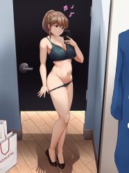 Rule 34 | 1girl, bag, black footwear, blue bra, blue eyes, blue panties, bra, brand name imitation, breasts, brown hair, cellphone, cleavage, contrapposto, fitting room, highres, holding, holding phone, indoors, intrepid (kancolle), kantai collection, large breasts, lingerie, musical note, panties, panty pull, phone, ponytail, selfie, shadow, shoes, shopping bag, solo, tadokoro nurikabe, underwear