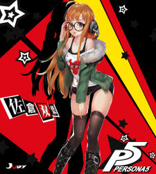 Rule 34 | 10s, 1girl, absurdres, arm up, belt boots, black footwear, black shorts, black thighhighs, blue eyes, boots, brown hair, coat, commentary request, copyright name, cross-laced footwear, glasses, green coat, hand on own face, headphones, highres, jiujiuyatou (yayanzz), knee boots, lace-up boots, long hair, persona, persona 5, sakura futaba, short shorts, shorts, smile, solo, tank top, thighhighs, thighs