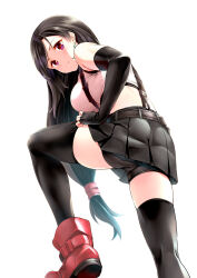 Rule 34 | 1girl, absurdres, bare shoulders, bike shorts, black hair, blush, breasts, closed mouth, crop top, earrings, elbow gloves, final fantasy, final fantasy vii, final fantasy vii remake, fingerless gloves, gloves, highres, jewelry, large breasts, leg up, long hair, looking at viewer, low-tied long hair, makishima rin, red eyes, shorts, shorts under skirt, simple background, skirt, smile, solo, suspender skirt, suspenders, tank top, thighhighs, tifa lockhart, upskirt, white background