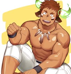 Rule 34 | 1boy, abs, animal ears, bara, beard, brown hair, clenched hands, dark skin, dark-skinned male, facial hair, feathers, fiery horns, fist bump, forked eyebrows, glowing horns, horns, itto (mentaiko), large pectorals, looking at viewer, male focus, muscular, native american, navel, nipples, open mouth, pectorals, simple background, sitting, sketch, smile, solo, sportswear, thick eyebrows, tight clothes, tokyo houkago summoners, wakan tanka