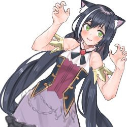 Rule 34 | 1girl, @ @, animal ear fluff, animal ears, armlet, bare shoulders, black hair, blush, brooch, cat ears, claw pose, commentary, fang, green eyes, hair between eyes, hands up, highres, jewelry, karyl (princess connect!), long hair, looking at viewer, low twintails, multicolored hair, parted lips, princess connect!, qrer123, simple background, sleeveless, smile, solo, streaked hair, sweat, twintails, two-tone hair, very long hair, white background, white hair