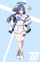 Rule 34 | 1girl, absurdres, blue archive, blue eyes, blush, breasts, cellphone, cheerleader, cleavage, commentary request, crop top, curvy, gridman universe, halo, highres, holding, holding phone, jacket, karaage53ko, leg tattoo, long hair, mechanical halo, medium breasts, millennium cheerleader outfit (blue archive), millennium science school logo, navel, phone, purple eyes, purple hair, shoes, skirt, smartphone, sneakers, socks, ssss.gridman, sticker on face, takarada rikka, tattoo, thick thighs, thigh strap, thighs, yellow socks, yuuka (blue archive)