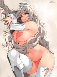 Rule 34 | 1girl, blush, boots, breasts, covered erect nipples, detached sleeves, eyelashes, garrison cap, grey hair, happa (cloverppd), hat, heart pasties, hip focus, kantai collection, large breasts, long hair, looking at viewer, lying, navel, on side, parted lips, pasties, pola (kancolle), signature, solo, swept bangs, thighhighs, thighhighs under boots, thighs, very long hair, wavy hair, white footwear, white thighhighs, yellow eyes
