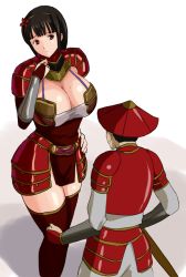 Rule 34 | 1boy, 1girl, 78 (tky8), armor, back, black hair, breasts, cleavage, elbow gloves, eyebrows hidden by hair, flower, gloves, hair flower, hair ornament, hairband, hat, helmet, ii naotora, japanese armor, japanese clothes, large breasts, looking at another, open mouth, red eyes, red gloves, red thighhighs, sengoku musou, short hair, shy, size difference, thighhighs