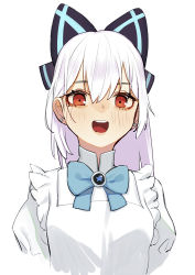 Rule 34 | 1girl, beijuu, blush, bow, earrings, girls&#039; frontline, hair between eyes, hair bow, high collar, jewelry, looking at viewer, neck ribbon, open mouth, red eyes, ribbon, simple background, smile, solo, tokarev (girls&#039; frontline), white background, white hair