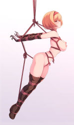 Rule 34 | 1girl, absurdres, arms behind back, ass, bdsm, blonde hair, blush, bondage, boots, bound, bound arms, bound legs, breasts, brown gloves, brown thighhighs, crotch rope, djeeta (granblue fantasy), elbow gloves, embarrassed, from side, full body, gloves, granblue fantasy, hairband, high heel boots, high heels, highres, hip focus, leaning forward, legs, looking at viewer, looking to the side, maullarmaullar, medium breasts, medium hair, nipples, nude, red hairband, resolution mismatch, restrained, shibari, short hair, solo, source larger, suspension, thigh boots, thighhighs, thighs, yellow eyes